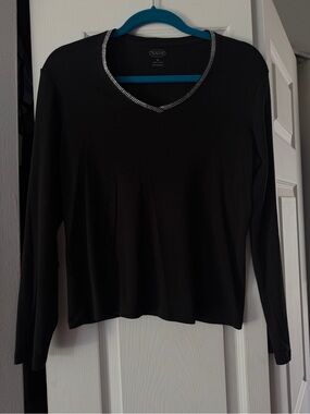 Talbots Black Long-Sleeve V-Neck Top with Silver Trim